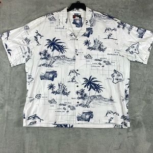 Alii Fashions Men’s XXXL Button Up Shirt White Blue Hawaiian Nautical Map 3XL